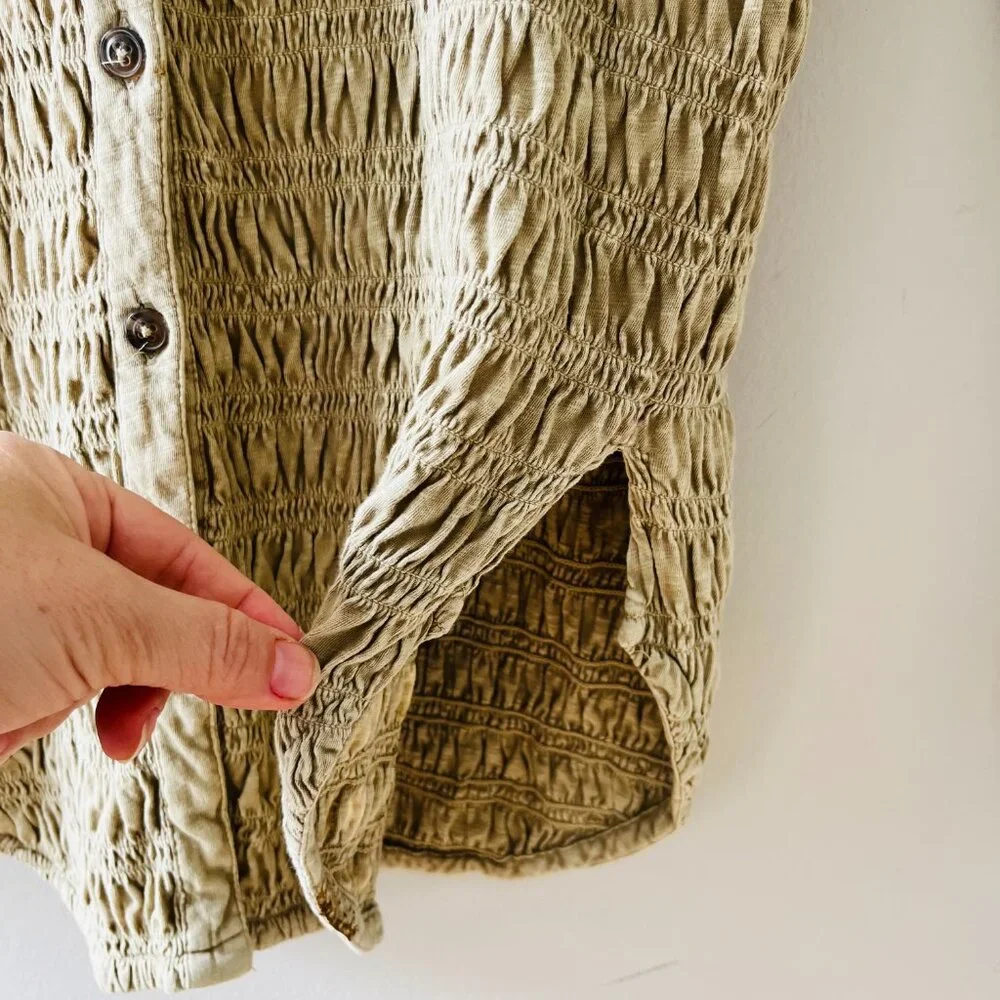 Anthropologie Pilcro XS - S Green Olive Stretch Smocked Shacket Pockets‎ Button